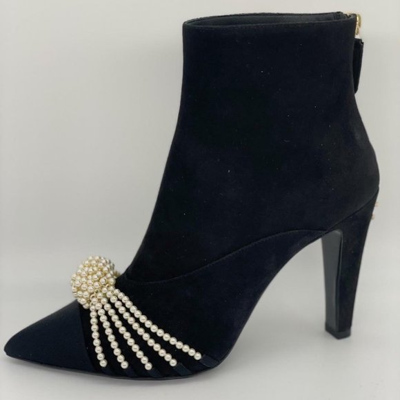 CHANEL 20A Suede Pearl Embellished CC Logo Heels Ankle Booties Boots - Picture 2 of 13